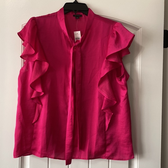 NWT Ann Taylor pink ruffle tie neck blouse size large - Picture 5 of 7